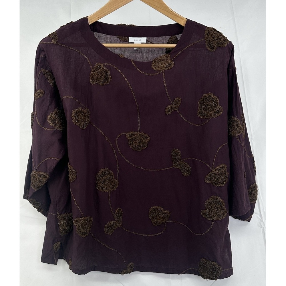 Pure Jill Women's Valley Embroidered Purple Brown Boho 3/4‎ Sleeve Top Small